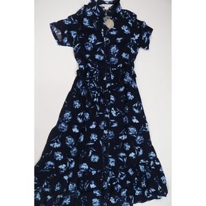 Apricot Pressed Daisy Shirt Dress 6 Navy Blue Floral Midi Belted Casual Summer